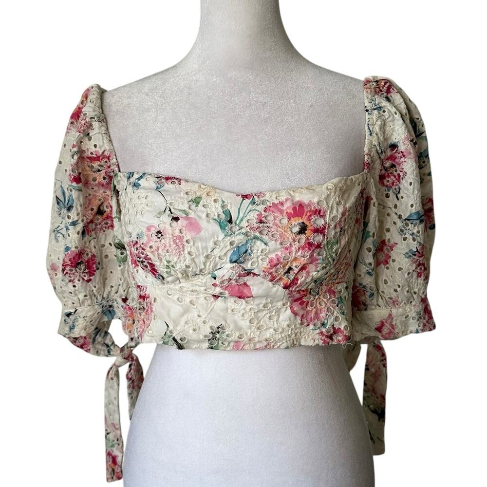 Showpo. cream floral eyelet off the shoulder crop top size 6